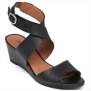 Lucky Brand Gemini Black Leather Wrap Ankle Strap Wedge Sandals Women's 6.5M